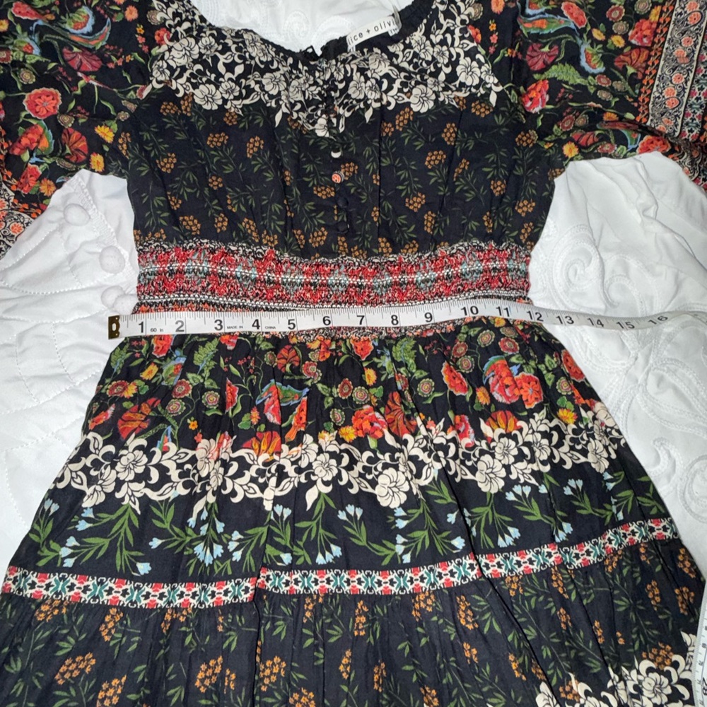 Alice + Olivia Clementina Paradise Floral Tiered Mini Dress Black Size 0 Boho - Picture 9 of 13